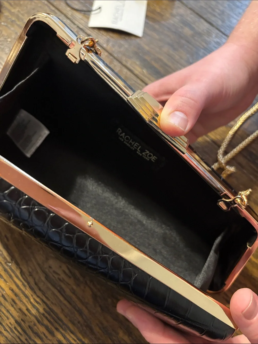 Rachel Zoe Black Croc-Embossed Clutch with Gold Chain Strap